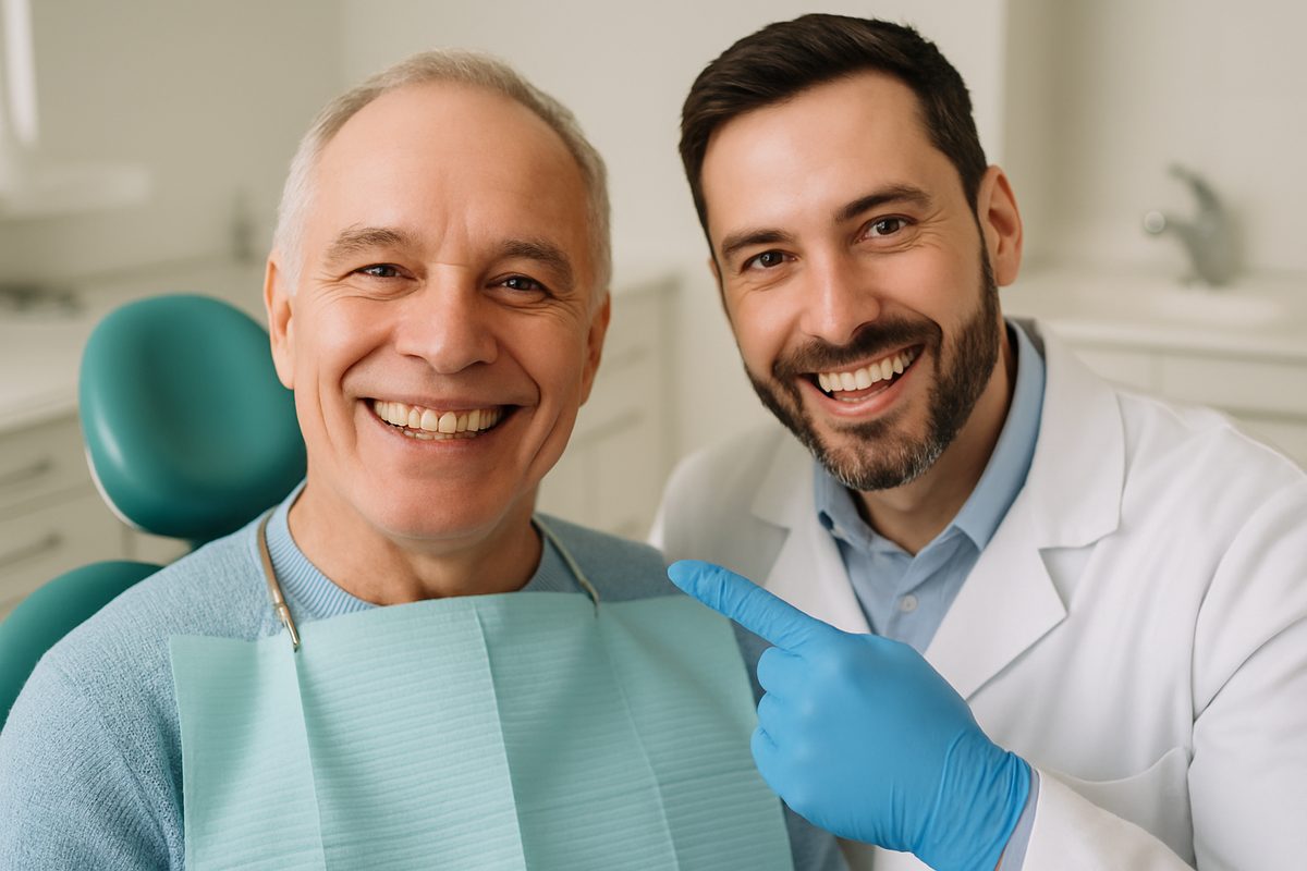 Photo of a happy patient smiling, showing off their dental implants. The dentist is beside them, smiling and pointing to the dental implants, highlighting the natural look and feel. No text on the image.