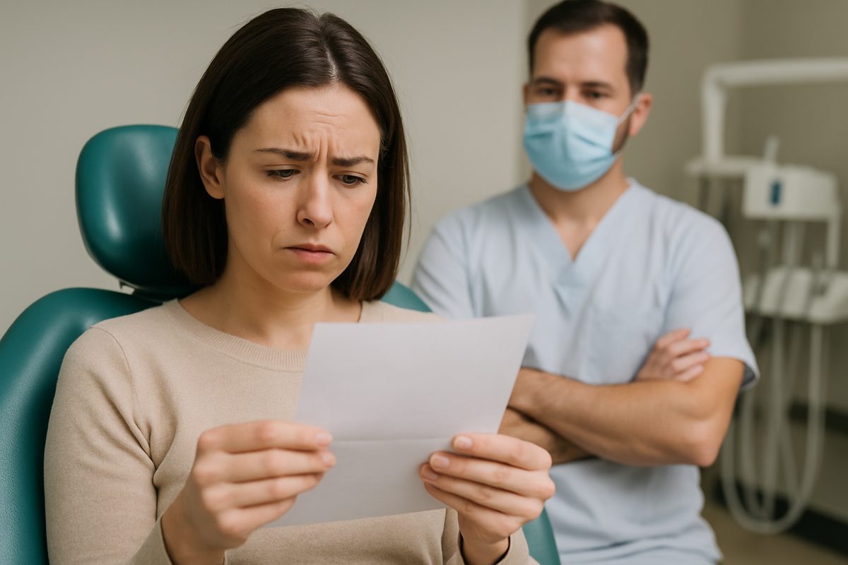 Photo of a concerned woman sitting in a dental chair looking at a dental bill, with the dentist in the background. No text on the image.