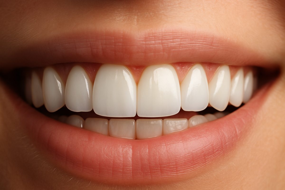 Close up of a perfect smile after having permanent teeth veneers installed. Focus on the central incisors, highlighting the natural shape, color, and translucency of the veneers. No text on image.