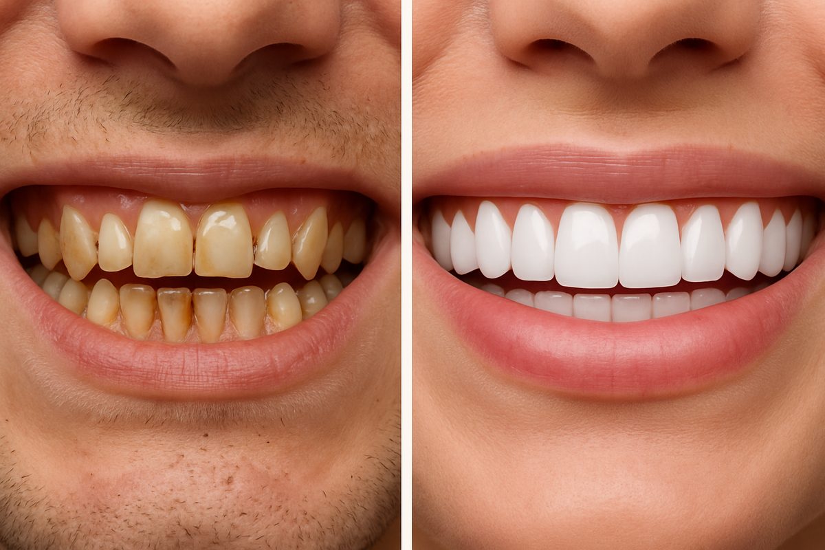 A split image comparing teeth. On the left, stained and crooked teeth are shown. On the right, the same mouth is smiling with perfect white teeth after venneer application. No text on image.