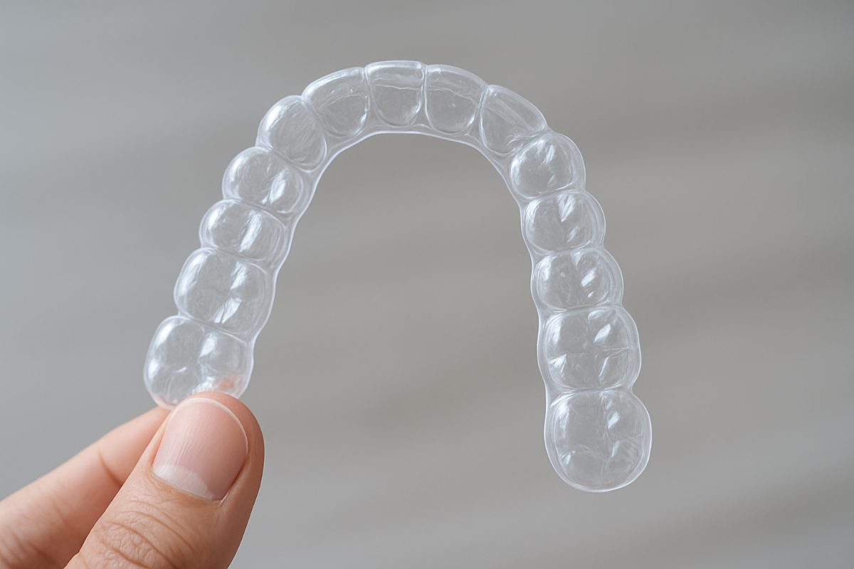 A diverse group of young adults are smiling and laughing, showcasing their clear aligners in a social setting. No text on the image.