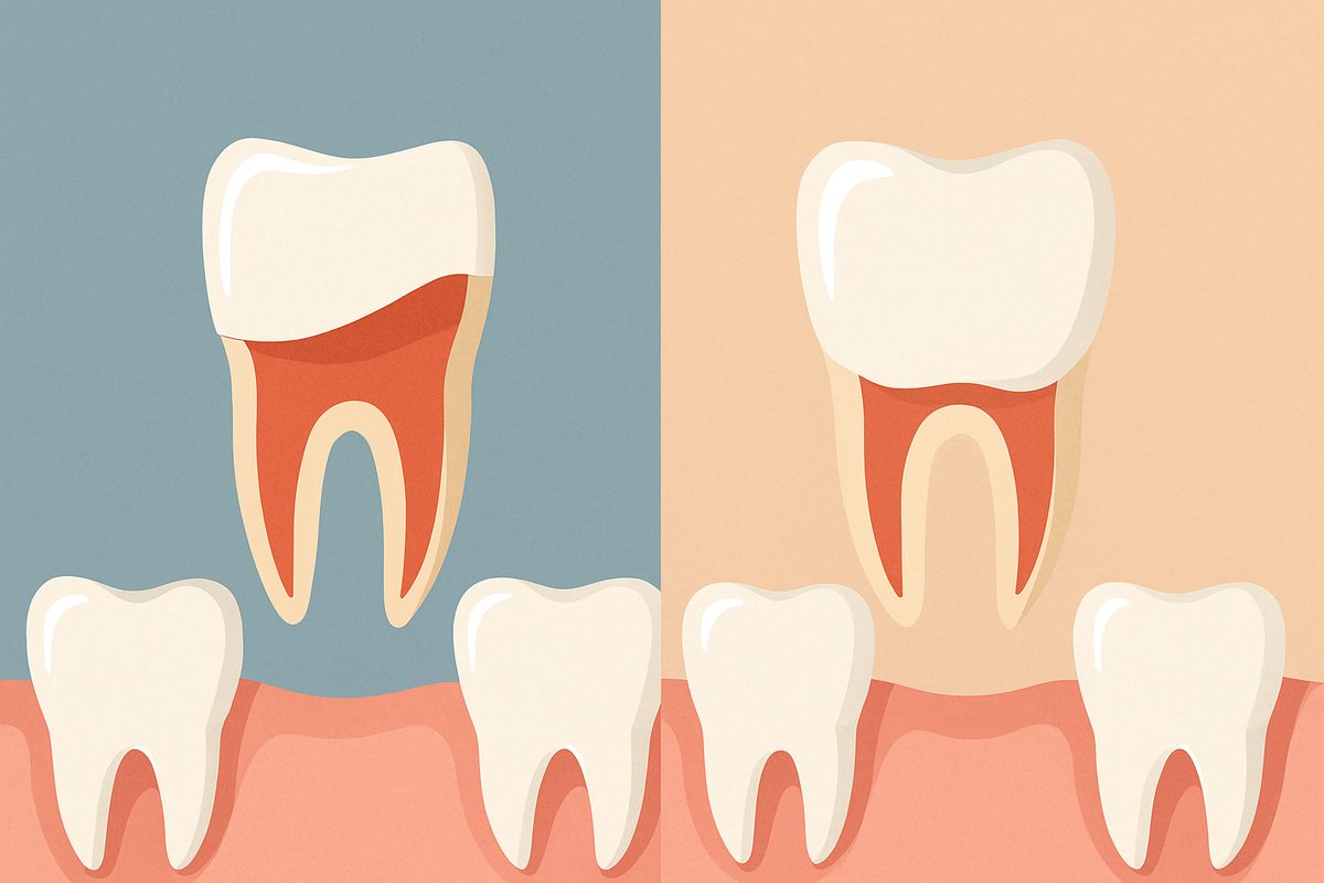 An infographic comparing and contrasting porcelain veneers to natural teeth, highlighting the areas of the tooth that must be permanently altered for veneer placement. No text on the image.