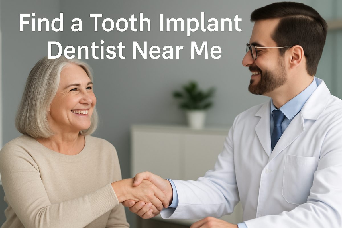 A smiling, mature female patient is shaking hands with a tooth implant dentist in a modern office setting. The text on the image says "Find a Tooth Implant Dentist Near Me".