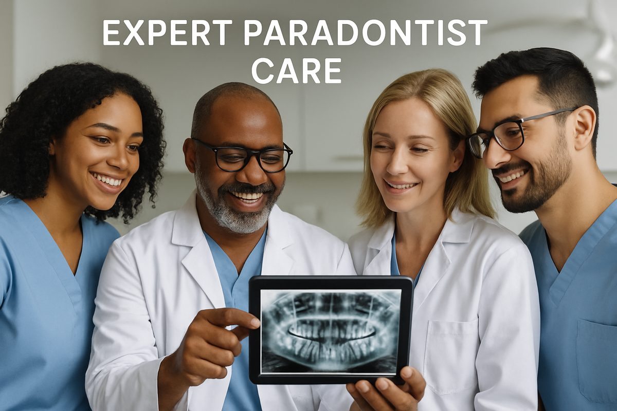 A friendly, diverse group of dental professionals collaborating around a digital x-ray showcasing a patient's jawbone and gum health. The image should evoke trust and expertise, with text overlay: "Expert Paradontist Care."