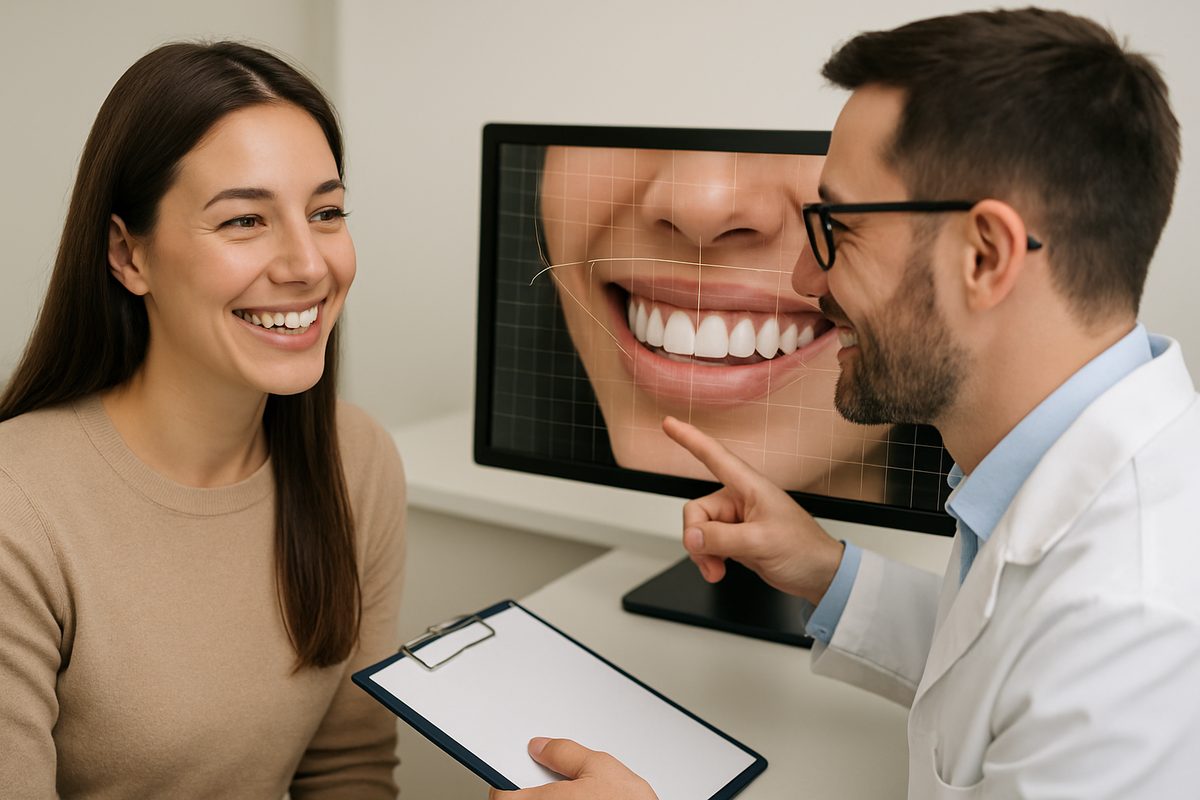 A smiling woman is talking with her dentist about the cost of dental veneers, while the dentist points at a digital display of the woman's smile design. No text on the image.