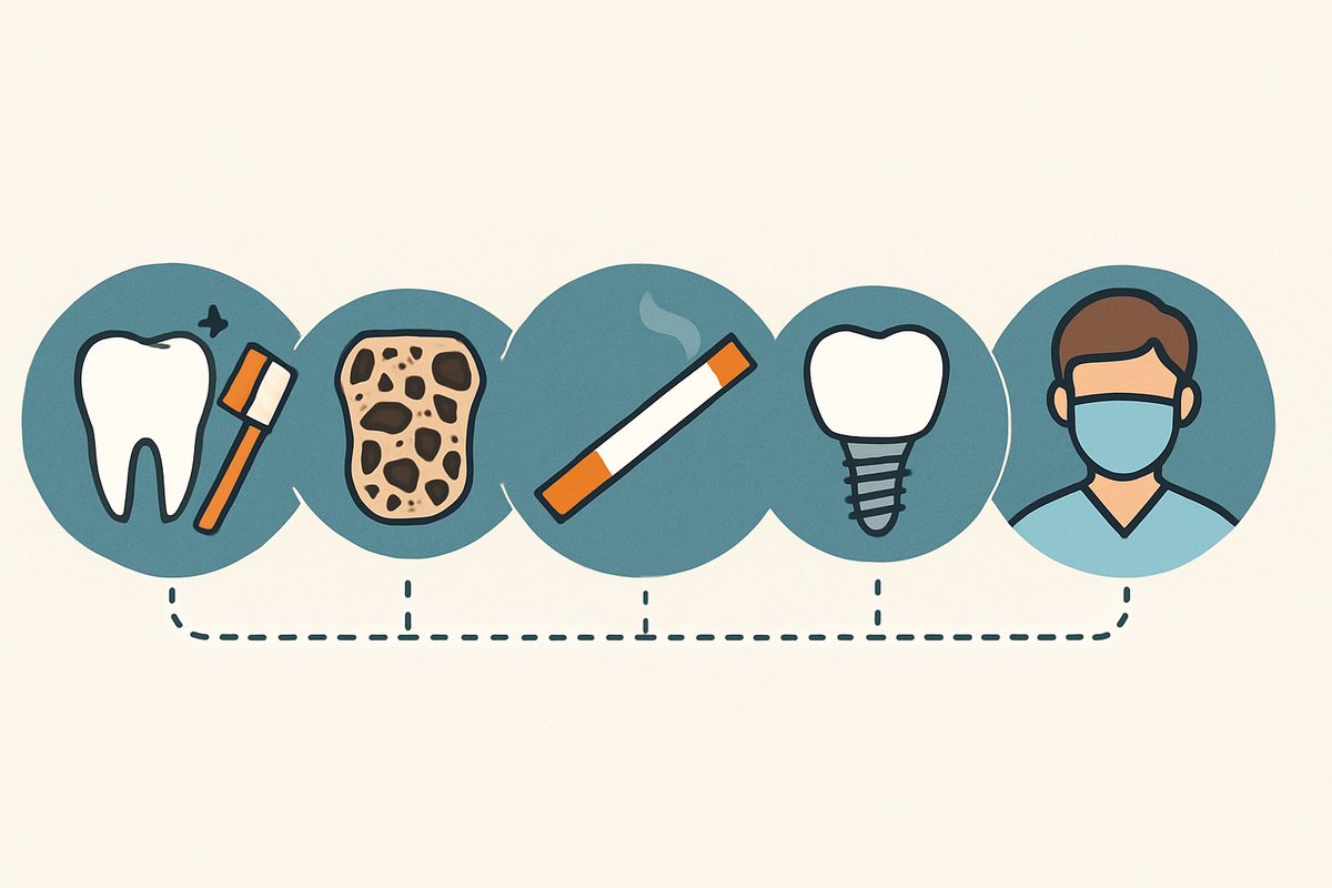 An infographic showing the factors that impact the longevity of dental implants, including oral hygiene, bone quality, smoking habits, implant design, and clinician experience. No text on image.