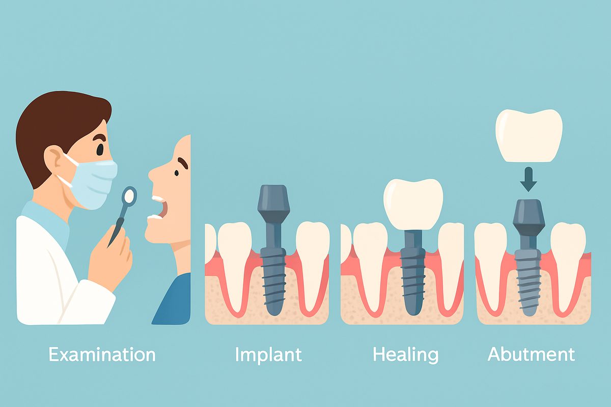 Image showcasing the dental implant steps with an infographic, from initial consultation to final crown placement. The infographic includes visuals for each stage: examination, implant placement, healing, abutment, and crown attachment. No text on image.