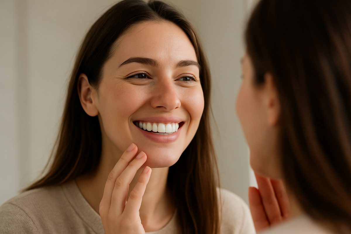 A smiling woman looking in a mirror admiring her newly installed porcelain veneers, highlighting the natural look and feel. No text on the image.