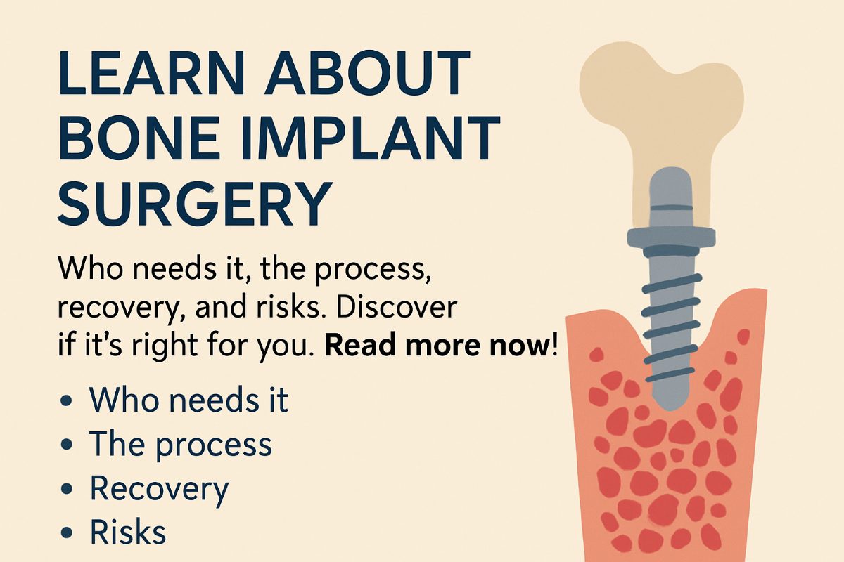 Image of a dentist explaining a bone implant surgery procedure using a 3D model of a jaw with implants. The dentist is pointing to the area where the bone graft will be placed. No text on the image.