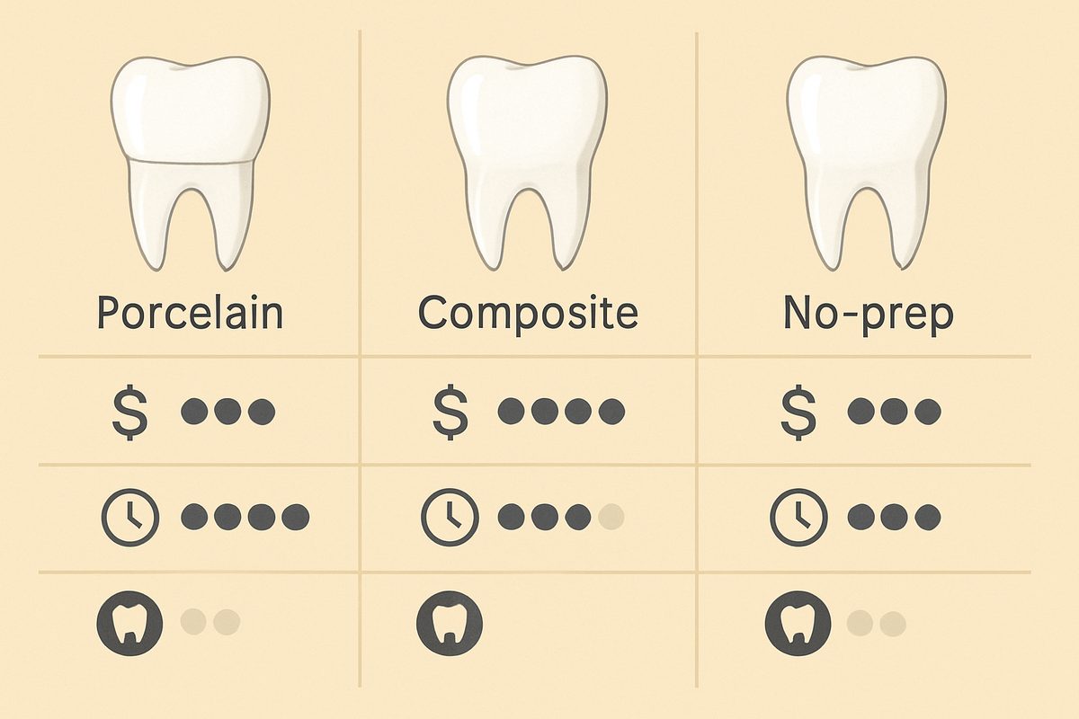 A comparison chart of the three main types of dental veneers: porcelain, composite, and no-prep, with key features like cost, longevity, and best use cases highlighted for each. No text on the image.