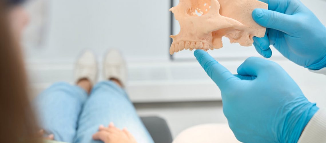 An image of Dentist pointing at a jawbone model to a dental patient