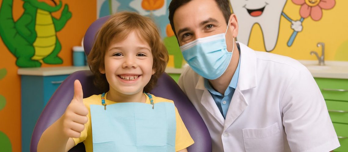 A smiling young child is sitting in a dental chair, giving a thumbs-up, while a friendly dentist is beside them. The background is a colorful, welcoming dental office with cartoon characters on the walls. No text on image.