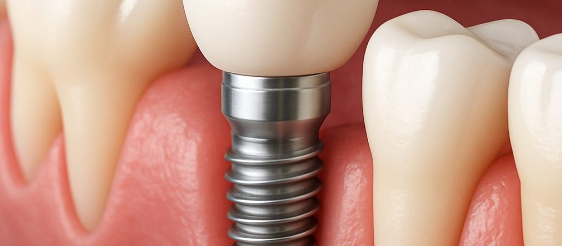 A simplified diagram of a mouth with a tooth implant, showing the 6 stages of the procedure from consultation to final crown placement. No text on image.