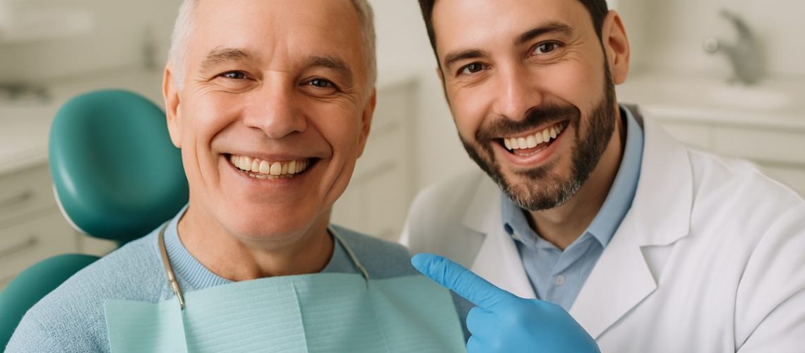Photo of a happy patient smiling, showing off their dental implants. The dentist is beside them, smiling and pointing to the dental implants, highlighting the natural look and feel. No text on the image.