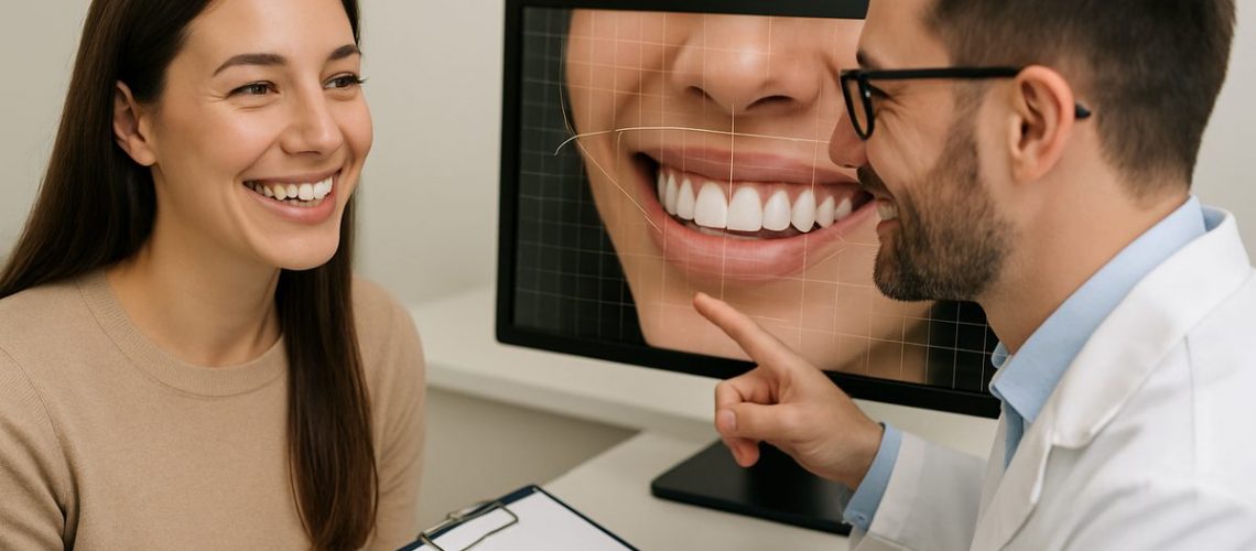A smiling woman is talking with her dentist about the cost of dental veneers, while the dentist points at a digital display of the woman's smile design. No text on the image.