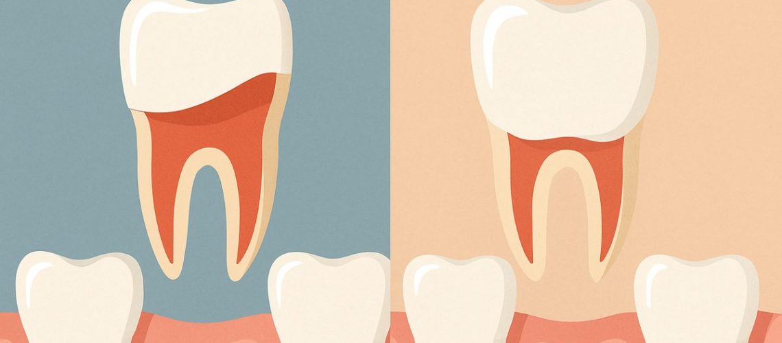 An infographic comparing and contrasting porcelain veneers to natural teeth, highlighting the areas of the tooth that must be permanently altered for veneer placement. No text on the image.