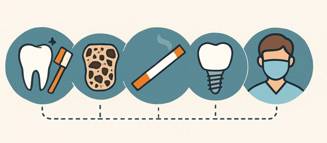 An infographic showing the factors that impact the longevity of dental implants, including oral hygiene, bone quality, smoking habits, implant design, and clinician experience. No text on image.