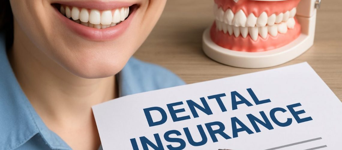 A diverse family happily smiling at a dentist office, holding up their dental insurance cards. No text on image.