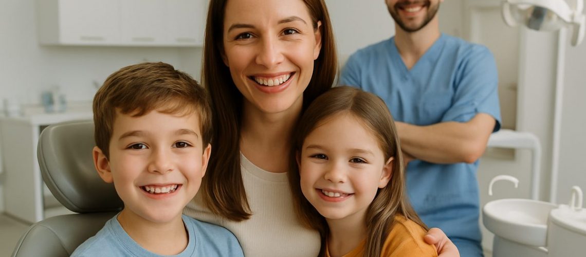 Photo of a smiling mother and two children in a dental office setting, with a friendly dentist in the background. The scene should evoke a sense of trust, comfort, and modern family dental care. No text on the image.