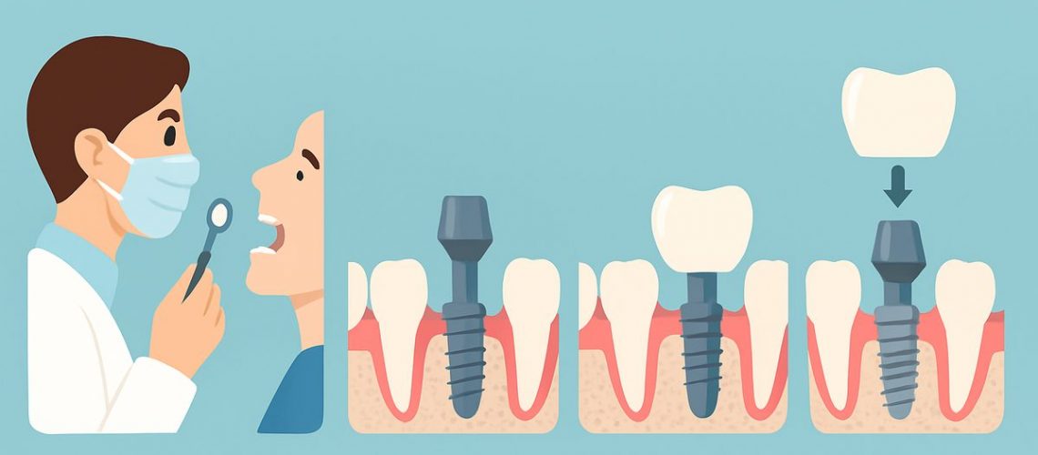 Image showcasing the dental implant steps with an infographic, from initial consultation to final crown placement. The infographic includes visuals for each stage: examination, implant placement, healing, abutment, and crown attachment. No text on image.
