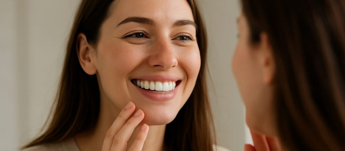 A smiling woman looking in a mirror admiring her newly installed porcelain veneers, highlighting the natural look and feel. No text on the image.