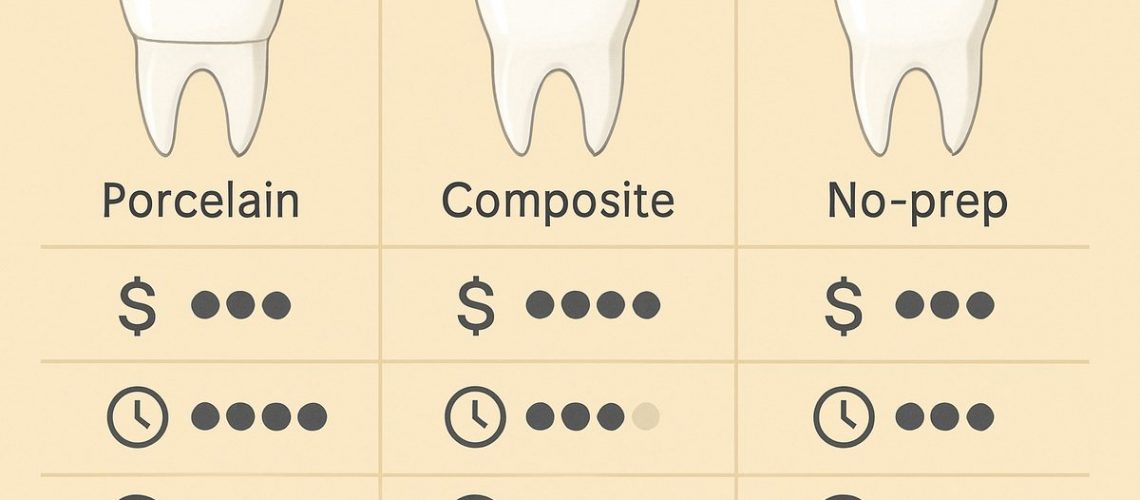 A comparison chart of the three main types of dental veneers: porcelain, composite, and no-prep, with key features like cost, longevity, and best use cases highlighted for each. No text on the image.