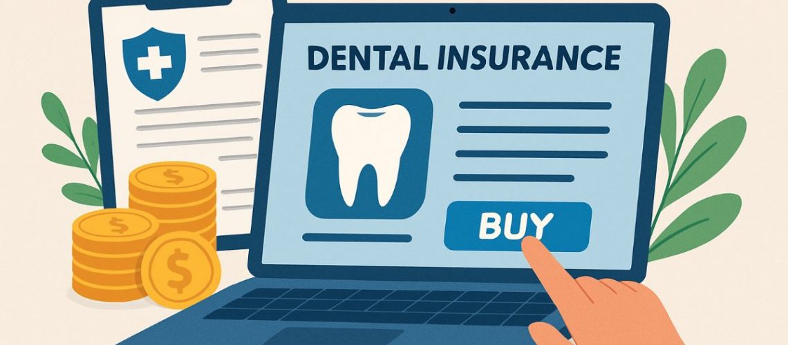 A person looking at a laptop doing research on different dental insurance plans, with a magnifying glass on the screen. No text on image.